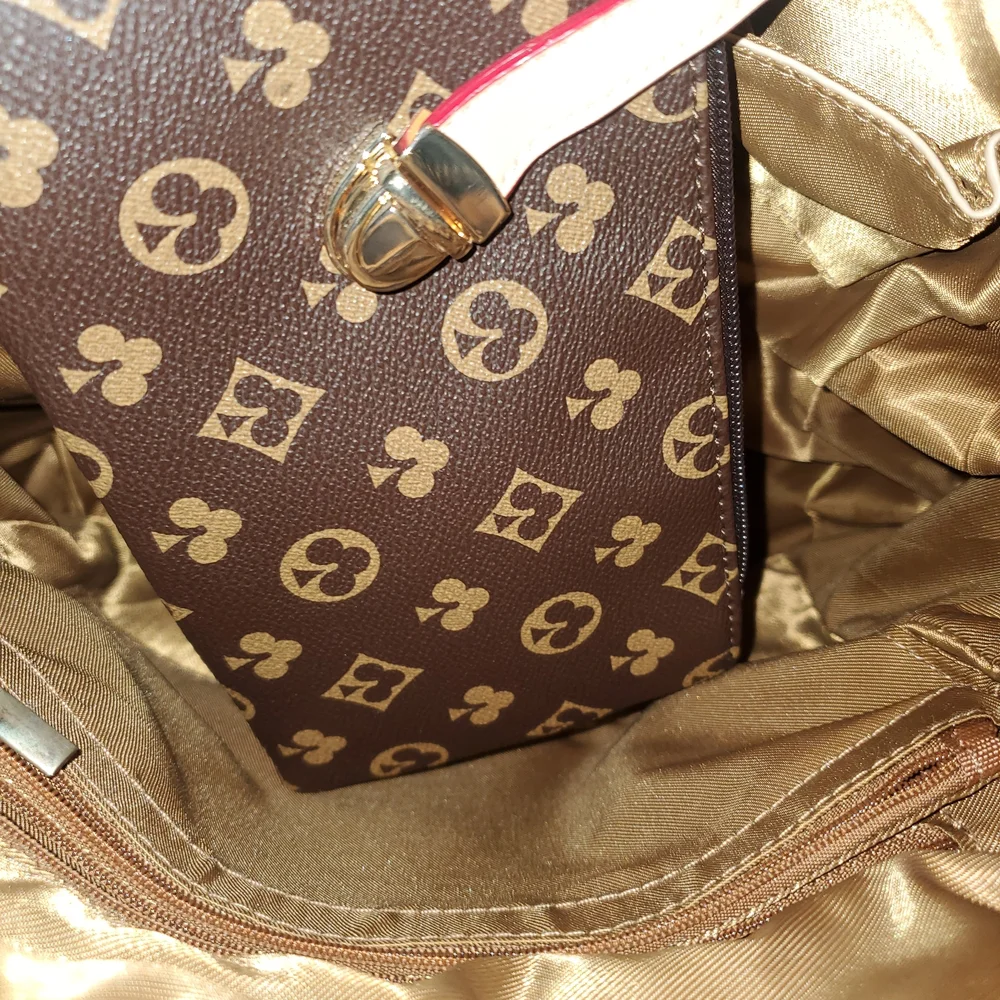 Brown Monogram-Pattern Womens Backpack with Beige Trim